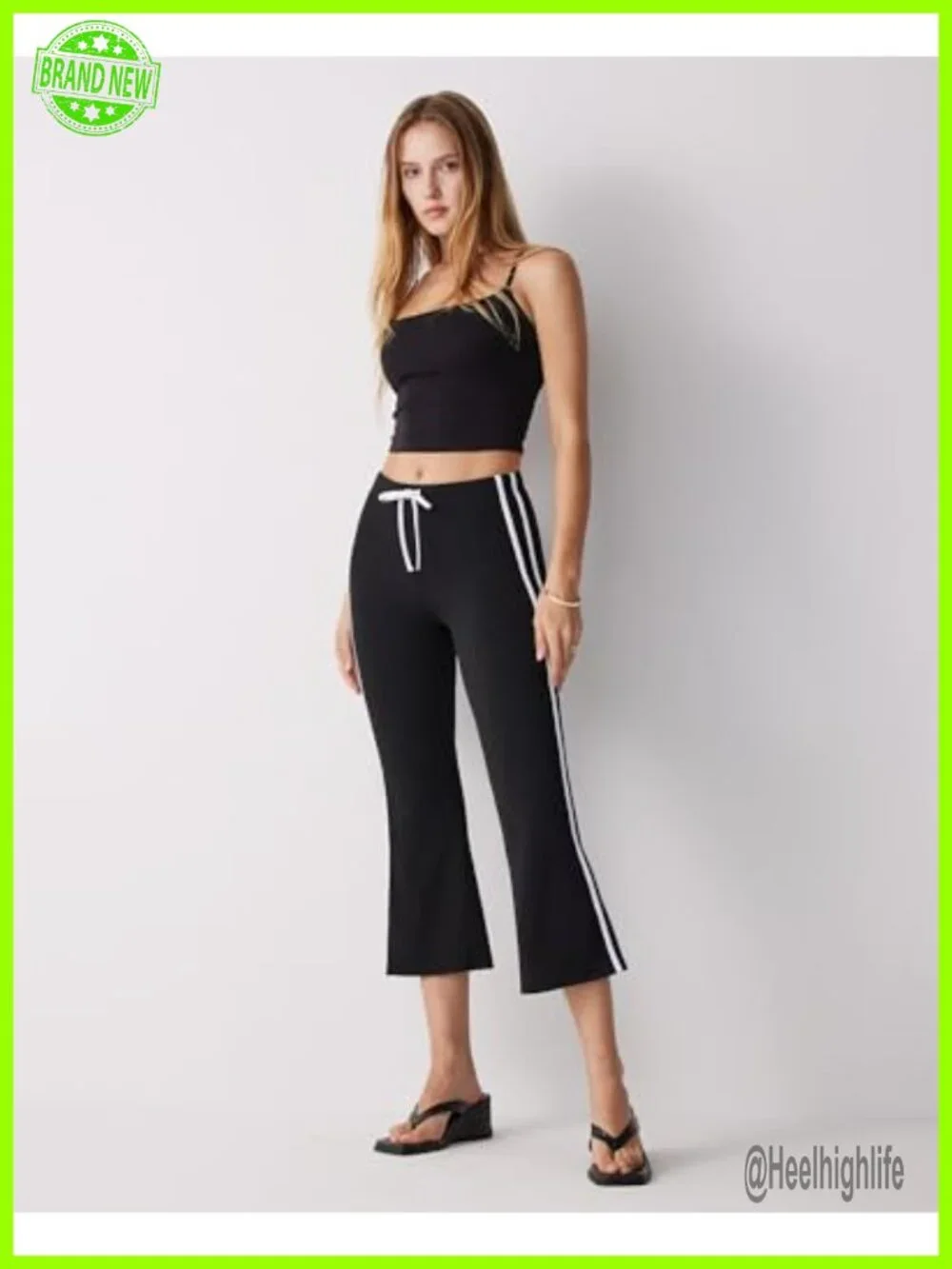 High Waisted Flare Capri Yoga Pants Side Stripe Drawstring Bootcut Cropped